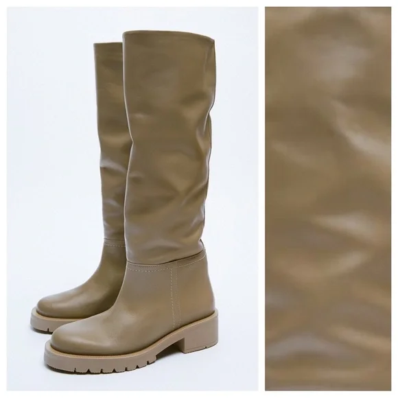 NWT. Zara Sand Brown Leather Low-Heel Knee High Boots with Topstitching. Size 8.
